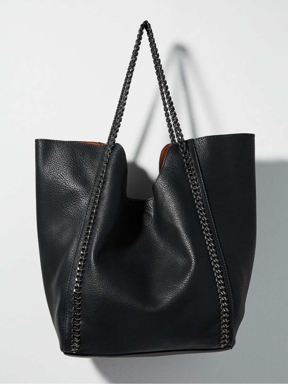 Street Level Chain Link Trim Large Faux Leather Tote Bag in Black